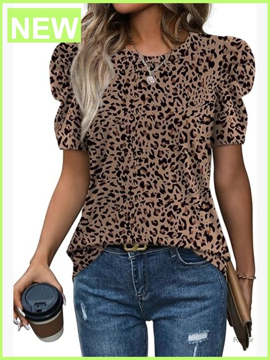 Tops - Women's Puff Sleeve Crewneck T-Shirt Blouse Spring Outfit